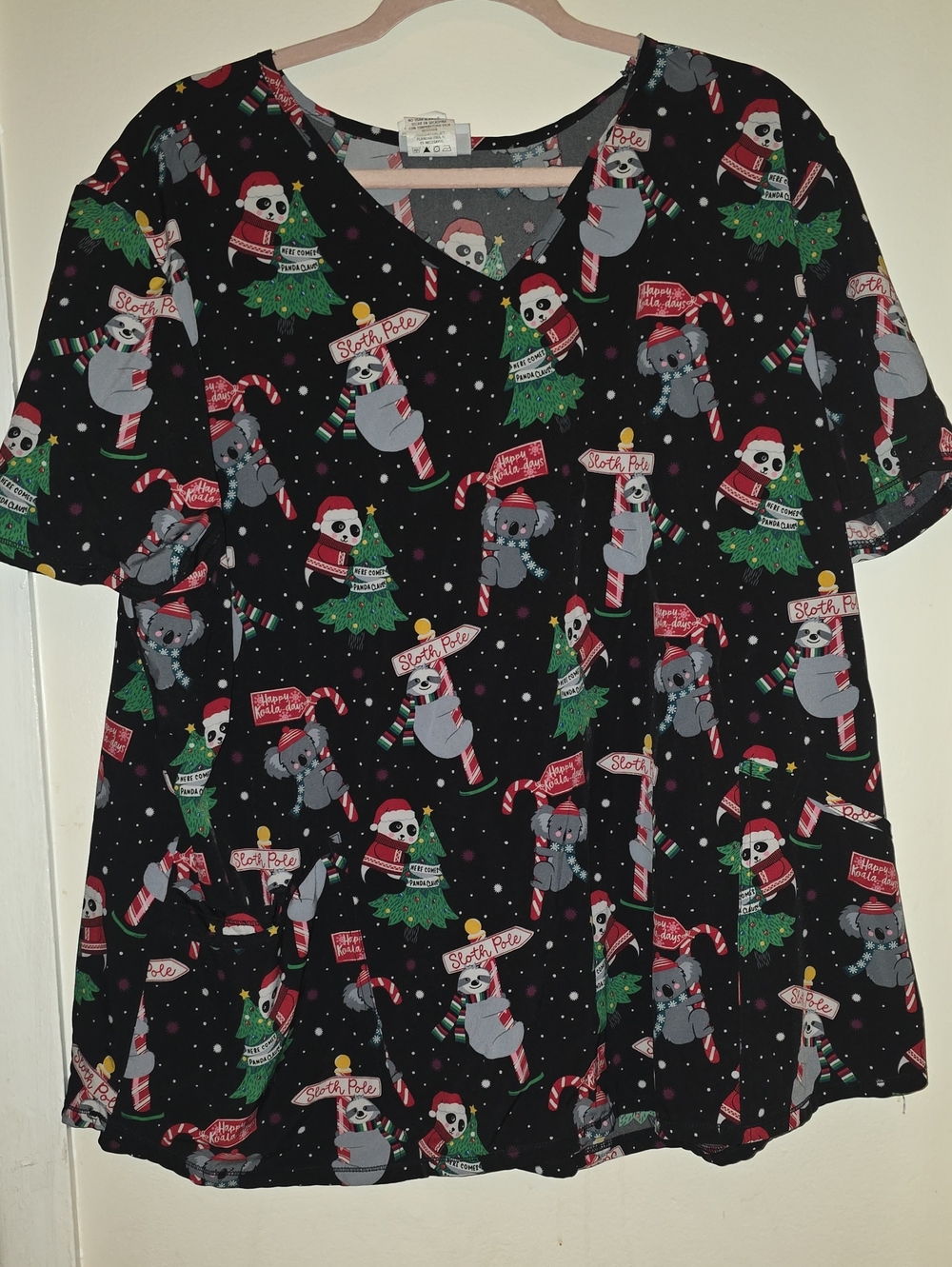 Scrubstar Black Holiday Sloth Print Short Sleeve Top with Red & Green Accents